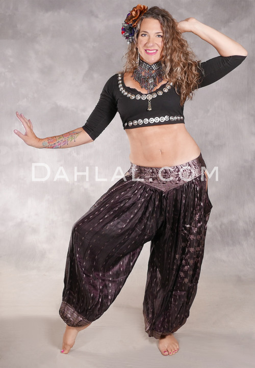  LUNA JADE Draped Silk Brocade Harem Pant - Dark Chocolate with Antique Silver
