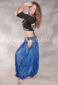 LUNA JADE Draped Silk Brocade Harem Pant - Medium Blue, Light Blue, Navy and Gold
