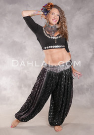 LUNA JADE Draped Silk Brocade Harem Pant - Forest Green and Chocolate with Silver