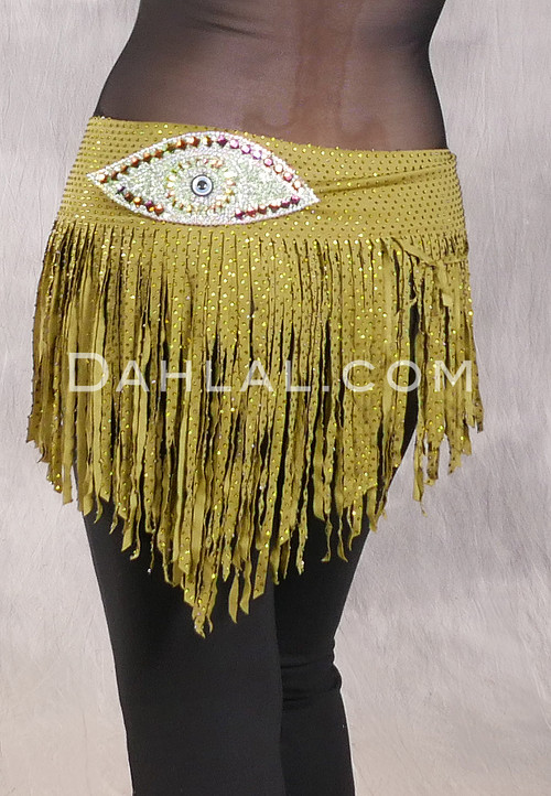 SUEZ Flirty Rhinestone Fringe Hip Wrap - Olive with Evil Eye