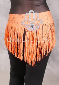 SUEZ Flirty Rhinestone Fringe Hip Wrap - Orange with Hand of Fatima, #26-02