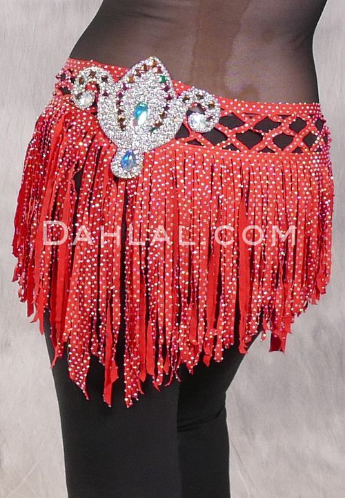 SUEZ Flirty Rhinestone Fringe Hip Wrap - Red with Floral Scroll