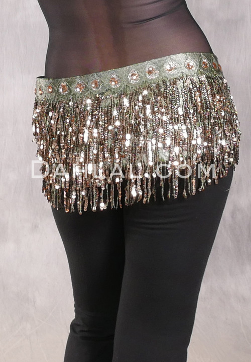 MANSOUR Egyptian Sequin Fringe Hip Scarf - Sage, Light Gold and Lime