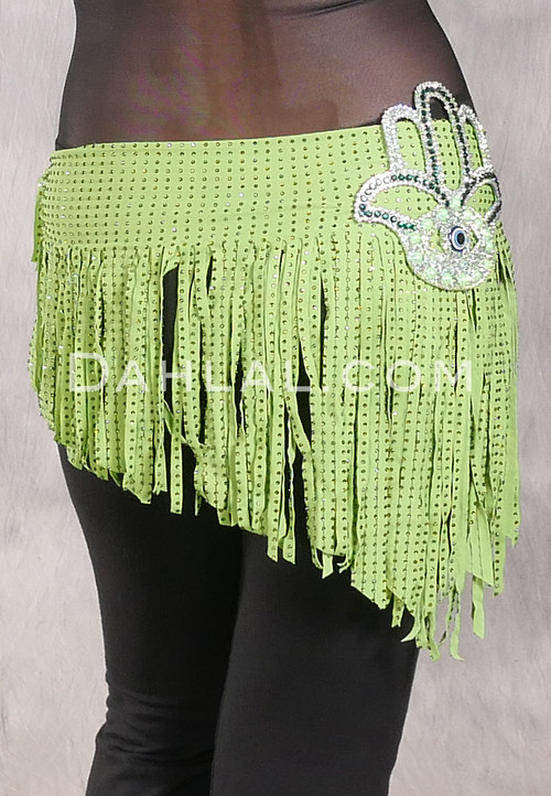 SUEZ Flirty Rhinestone Fringe Hip Wrap - Lime with Hand of Fatima