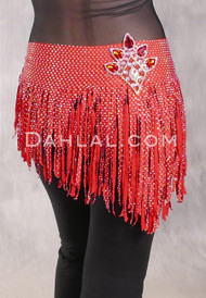 SUEZ Flirty Rhinestone Fringe Hip Wrap - Red with Lotus