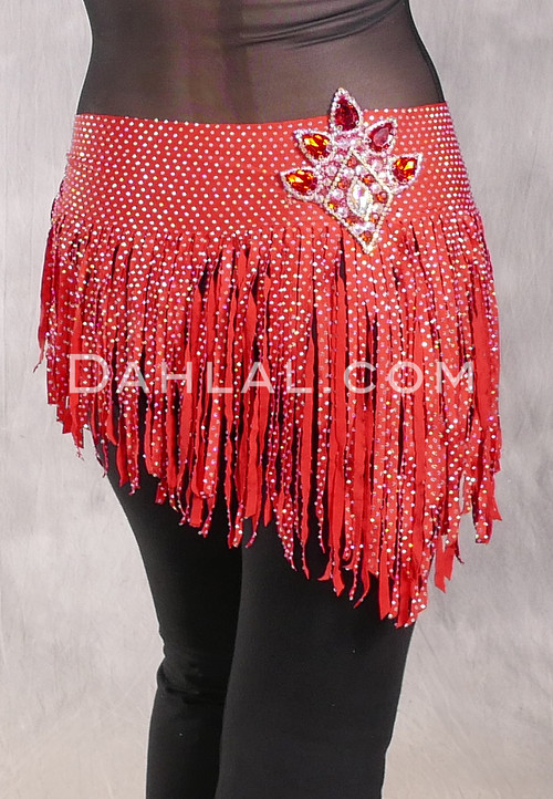 SUEZ Flirty Rhinestone Fringe Hip Wrap - Red with Lotus