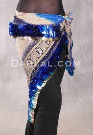 Wide Row Egyptian Coin & Paillette Hip Scarf - Ethnic Print with Gold, Turquoise and Royal Blue
