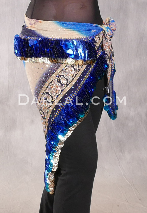 Wide Row Egyptian Coin & Paillette Hip Scarf - Ethnic Print with Gold, Turquoise and Royal Blue