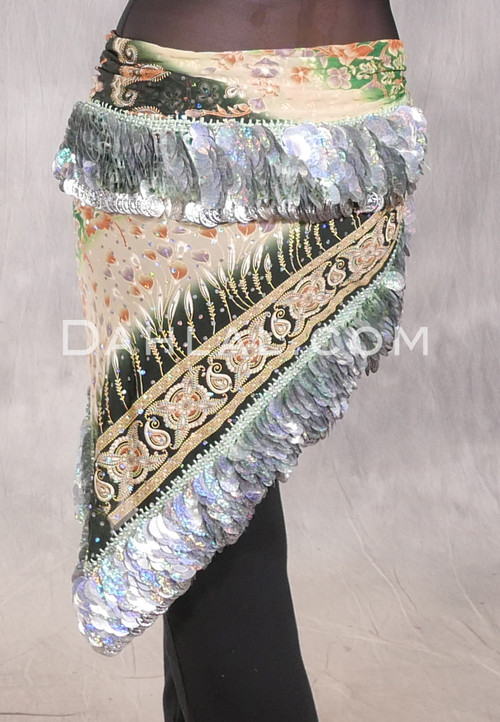 Wide Row Egyptian Coin & Paillette Hip Scarf - Ethnic Print with Silver