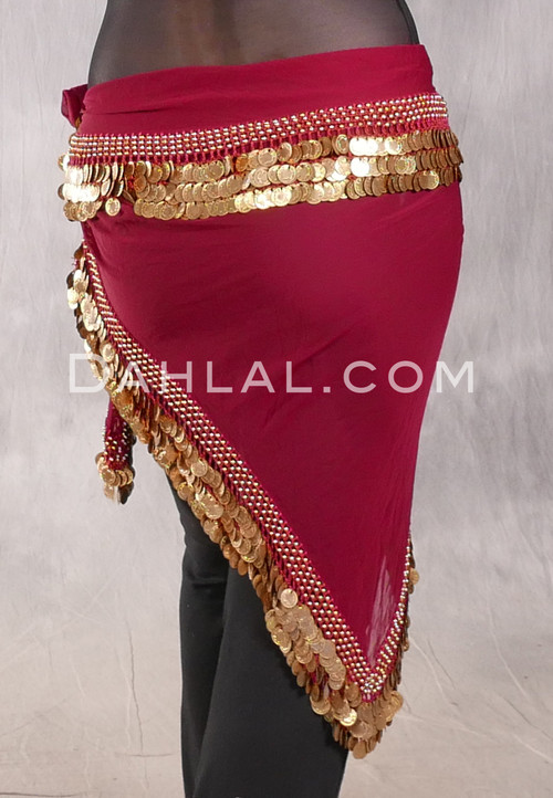 Wide Row Egyptian Coin Hip Scarf - Solid Wine with Gold