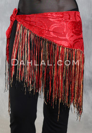 Burnout Velvet Fringe Hip Scarf - Red with Black, Gold and Red