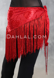 Burnout Velvet Fringe Hip Scarf - Red with Red