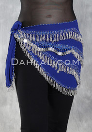 GRAND PYRAMID Egyptian Bead and Coin Hip Scarf - Royal Blue with Silver
