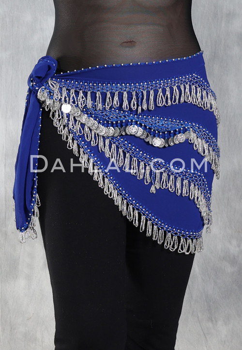 GRAND PYRAMID Egyptian Bead and Coin Hip Scarf - Royal Blue with Silver