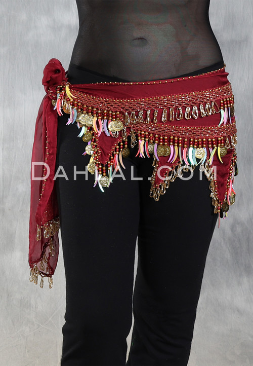 Egyptian Wave Hip Scarf with Beads, Coins and Paillettes - Wine with Goldand Multi-color