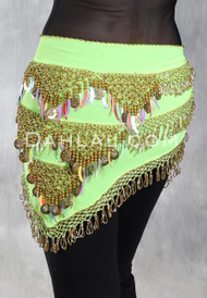 GRAND PYRAMID Egyptian Bead and Coin Hip Scarf - Lime with Gold and Multi-color
