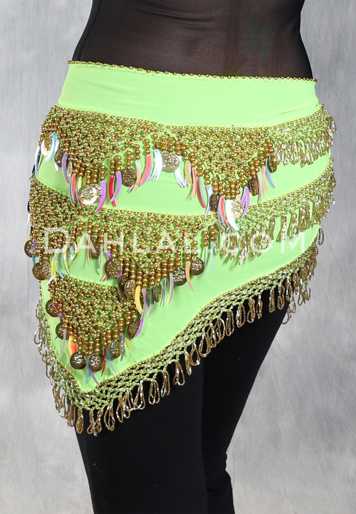 GRAND PYRAMID Egyptian Bead and Coin Hip Scarf - Lime with Gold and Multi-color