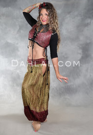 LUNA JADE Draped Silk Brocade Harem Pant - Celery and Wine