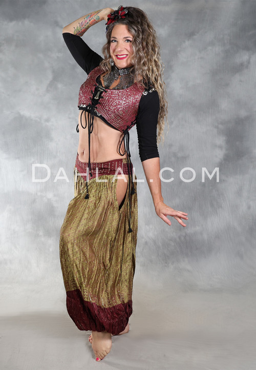 LUNA JADE Draped Silk Brocade Harem Pant - Celery and Wine