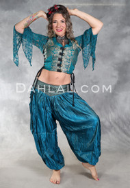 LUNA JADE Draped Silk Brocade Harem Pant - Medium Blue, Sage and Black