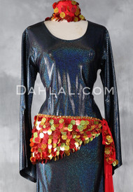Paillette and Beaded Fringe Head and Hip Scarf Set- Red & Gold