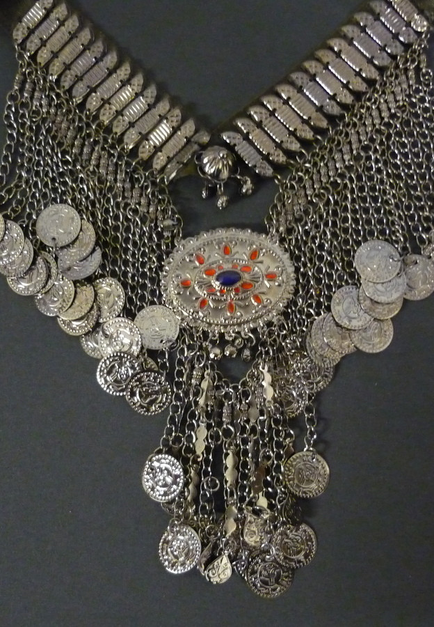 Tribal Belly Dance Gunmetal Coin Necklace with Enameled Medallion - Dahlal  Internationale