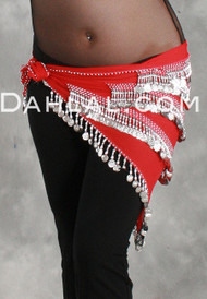 MULTI-ROW CHEVRON TEARDROP COIN HIP SCARF SHAWL in Red and Silver
