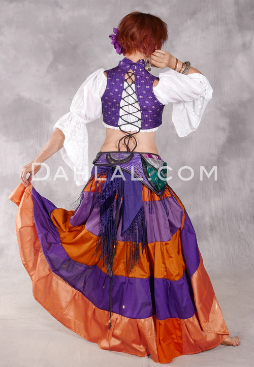 TIERED GRADIENT SKIRT of Vintage Sari Fabrics - Orange, Lavender, Goldenrod and Peach Combination