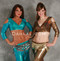 two women wearing akhet holographic lycra mock wrap tops in teal and copper