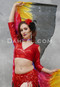 woman with scarves wearing a red akhet holographic lycra mock wrap top
