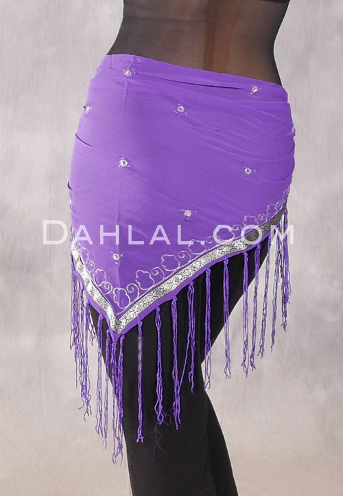 Purple and Silver FRINGED TRIANGLE SCARF with Embroidered Trim and Mirrors