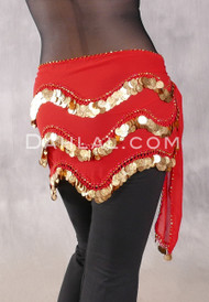 TRIPLE COIN WAVE Egyptian Hip Scarf - Red with Gold Coins