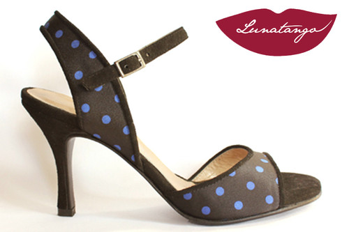 MONA Blue Dots Satin & Black Suede Tango Shoe in Size 36, from LUNATANGO
