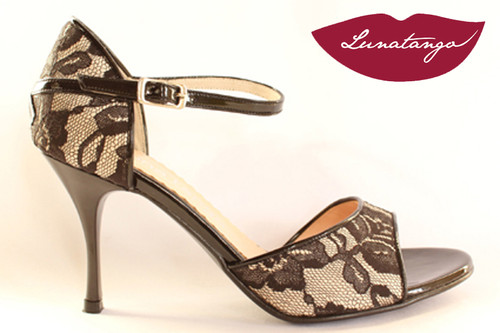 "X" Black-White Lace & Black Patent Tango Shoe in Size 38, from LUNATANGO