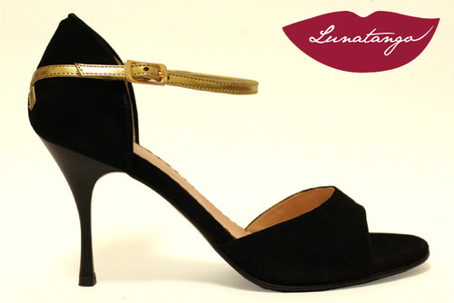 "X" Black Suede & Gold Leather Tango Shoe in Size 37, from LUNATANGO