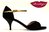 "X" Black Suede & Gold Leather, Low Heeled Tango Shoe in Size 37, from LUNATANGO