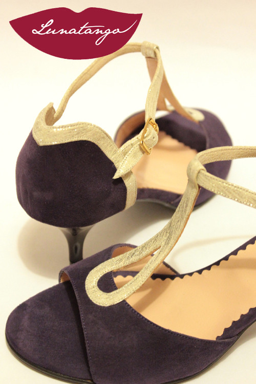 GOTA Violet Suede & Platinum Fantasy Low Heeled Tango Shoe in size 37, from LUNATANGO