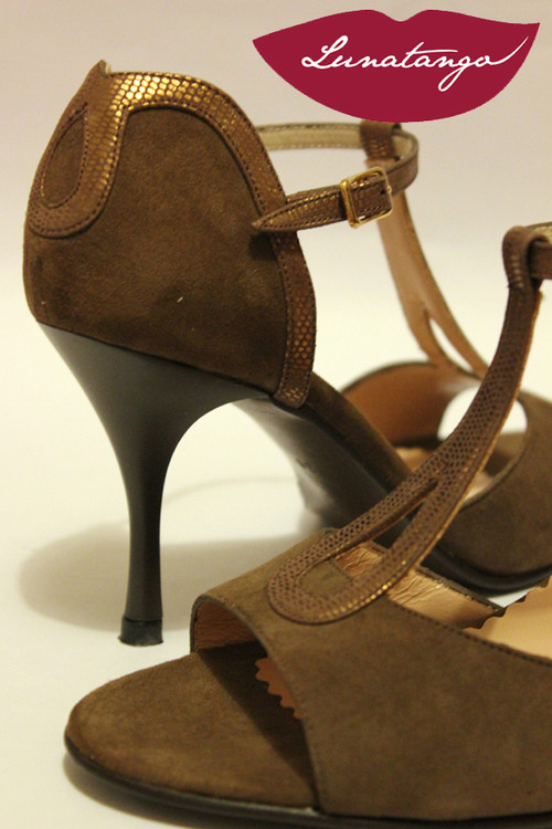GOTA Chocolate Suede & Bronze Snake Tango Shoe in size 36, from LUNATANGO