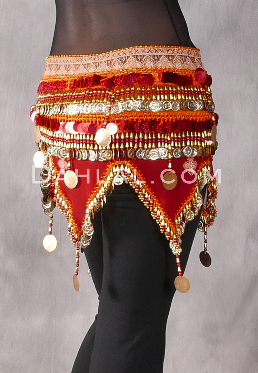 Ornate Belly Dance Hip Scarf With Multicolor Beads and Coins Fringes -   Canada