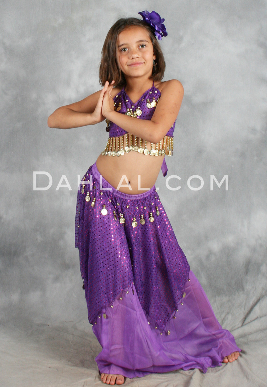 Kids Professional Belly Dance Halter Top Skirt Halloween Costume Set Gold Coins 