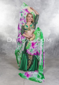 green and fuchsia pink silk veil fan