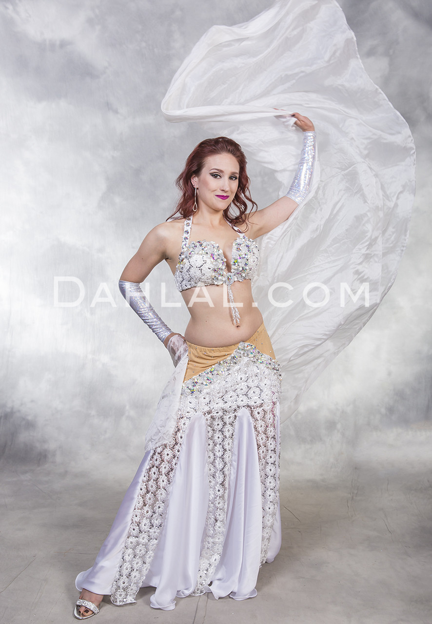 3 Pcs  Egyptian Professional white Belly Dance Solid  Dina Bras Dance costume 