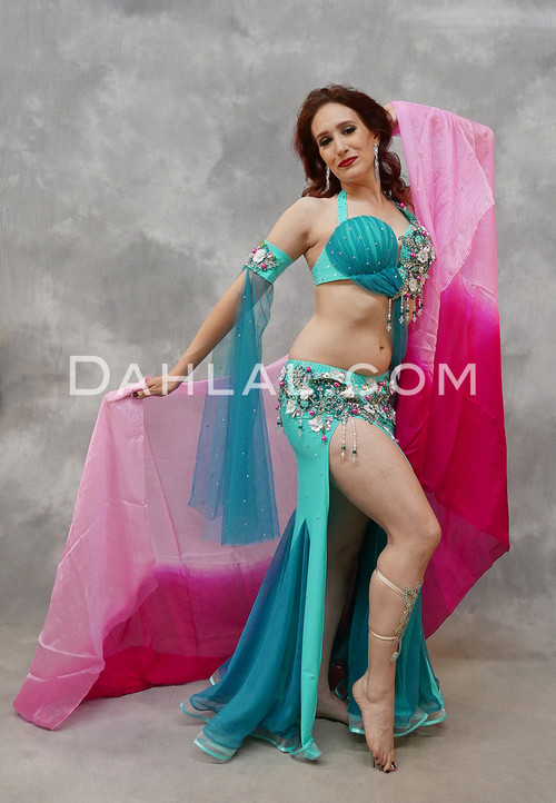 Teal and Fuchsia Egyptian Beaded Costume with Gradient Silk Veil in Fuchsia and Pink