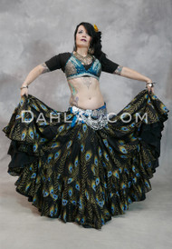 PEACOCK PERFECTION- Black, Extra Full Tiered Tribal Skirt