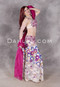 Side view of egyptian belly dance costume in megenta, white, and lavender