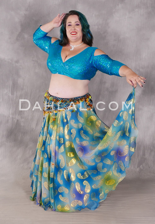 Double Chiffon Metallic Printed Skirt in Teal, Green and Royal Blue