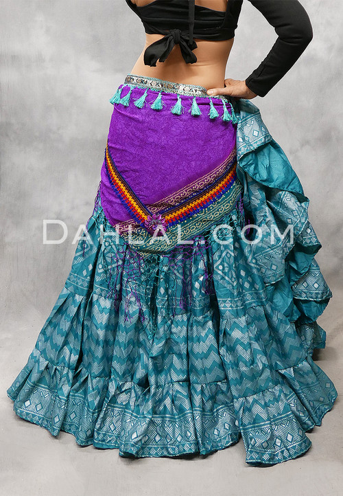 Teal and Silver Faux Assuit 25 Yard Tribal Skirt Shown with our Magenta Tribal Printed Shawl with Tassels