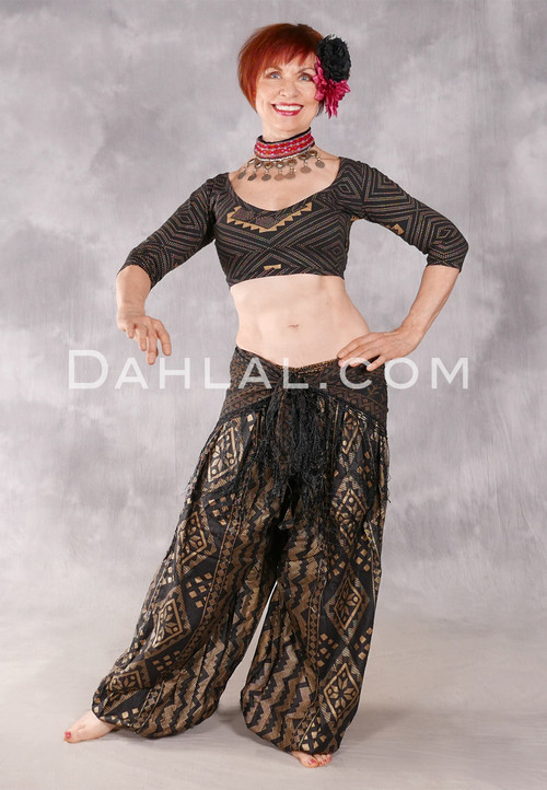 Front View of Black and Gold Top, Shawl and Style II Harem Pants