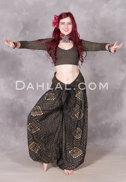 Front View with Faux Assuit Harem Pants in Black and Gold