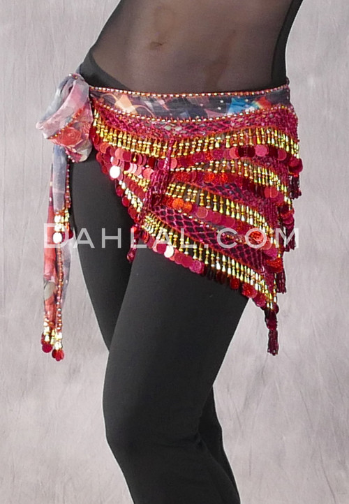 Deep "V" Beaded Paillette Egyptian Hip Scarf in Red with Gold